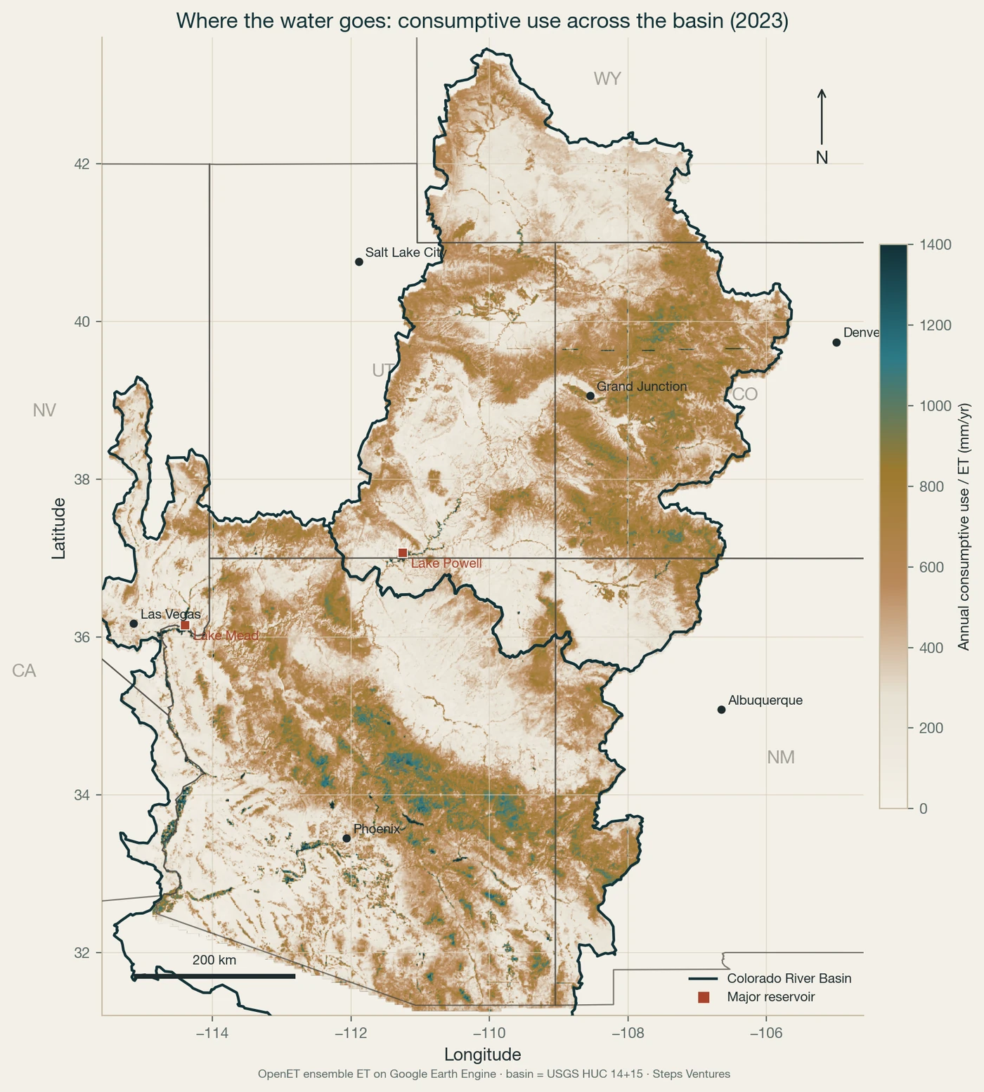 Basin-wide consumptive use (OpenET ensemble ET, 2023). OpenET is a satellite-driven ENSEMBLE OF MODELS rather than a direct measurement: six evapotranspiration models are run on satellite and weather inputs and averaged, with state lines, cities, reservoirs, scale and legend. The teal pockets are irrigated agriculture; almost all of the basin is low-ET desert. Water use concentrates in a few places.