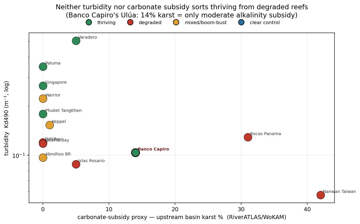 16 reefs plotted by upstream karst percent and turbidity, colored by outcome; thriving and degraded reefs do not separate on either axis
