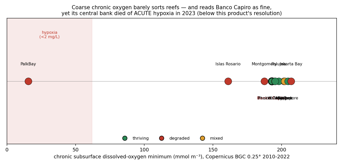 Reefs ordered by chronic subsurface oxygen minimum; most cluster as well-oxygenated including Banco Capiro, only Palk Bay is hypoxic